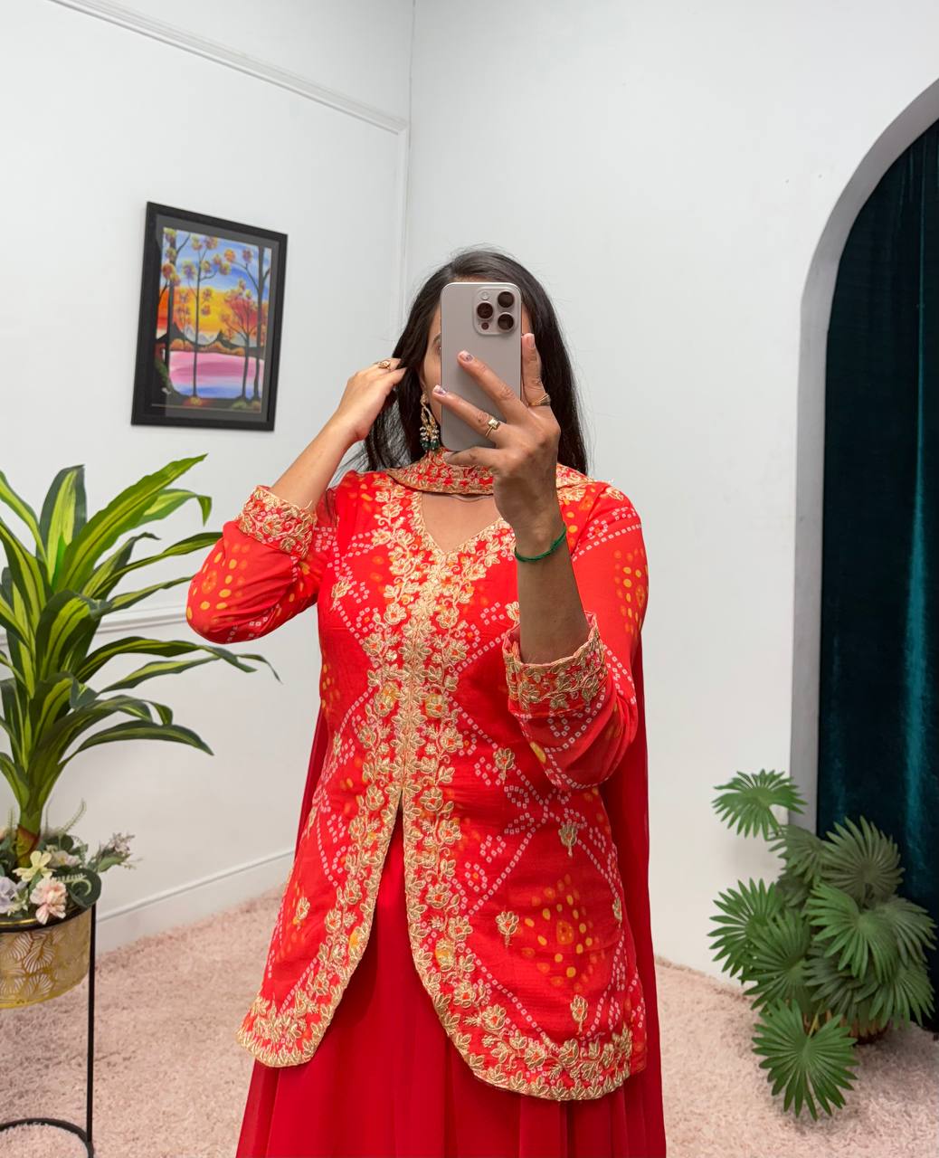 Embroidered Faux Georgette Koti with Lehenga and Dupatta Set (Orange)
