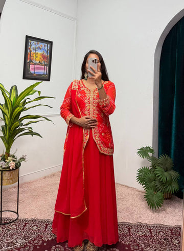 Embroidered Faux Georgette Koti with Lehenga and Dupatta Set (Orange)