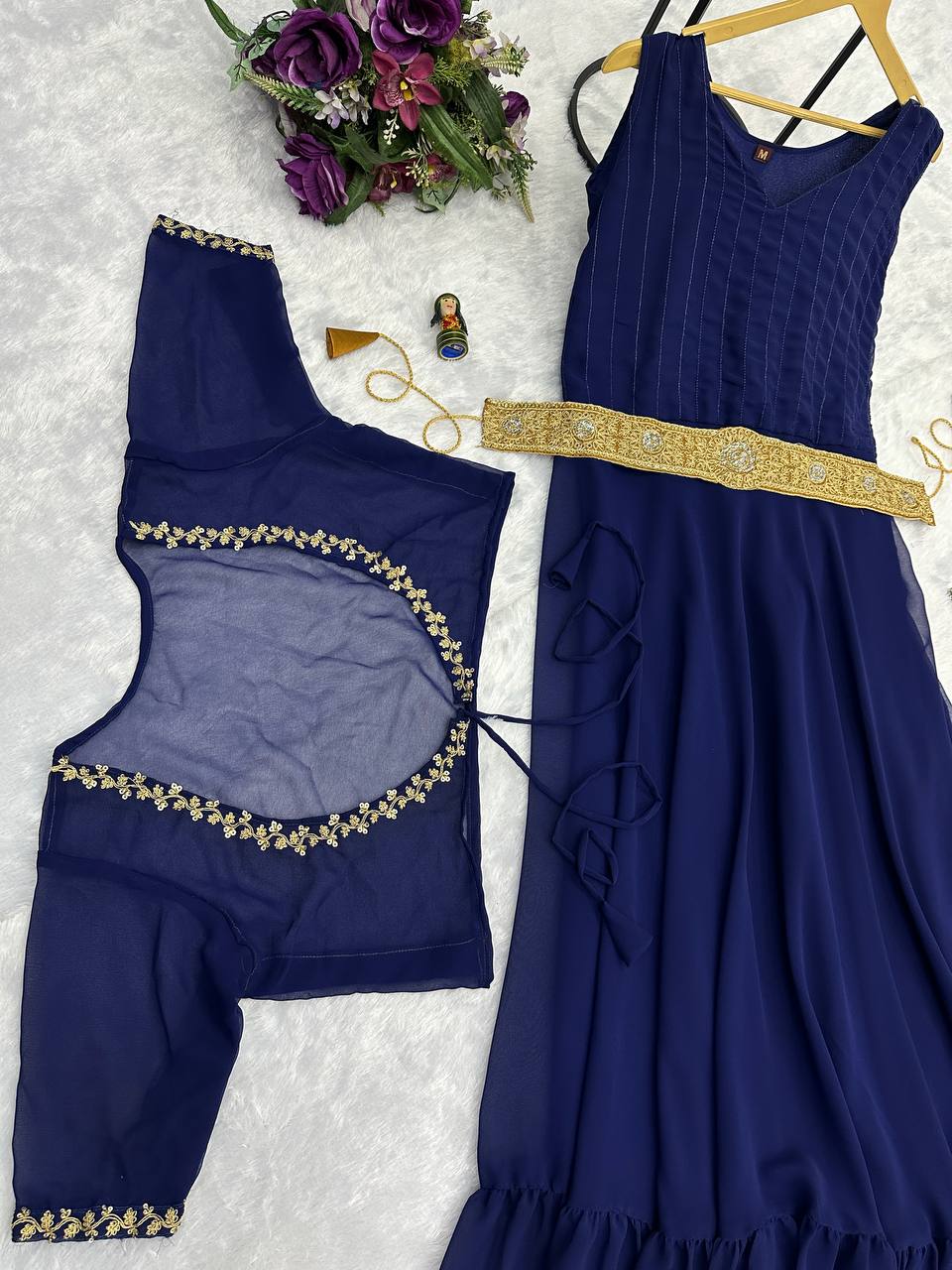 Embroidered Faux Georgette Gown with Ruffle Flair & Matching Koti (Blue)