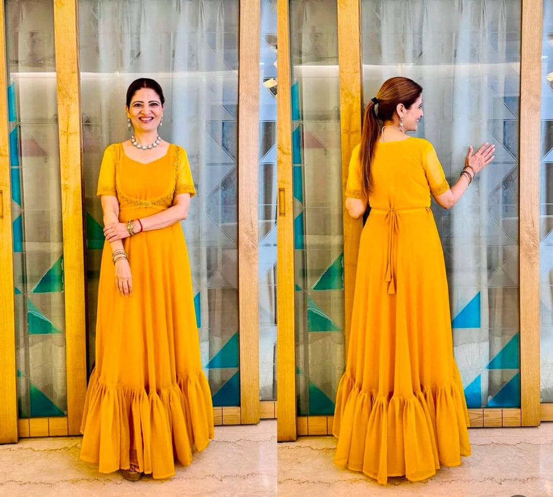 Embroidered Faux Georgette Gown with Ruffle Flair & Matching Koti (Yellow)