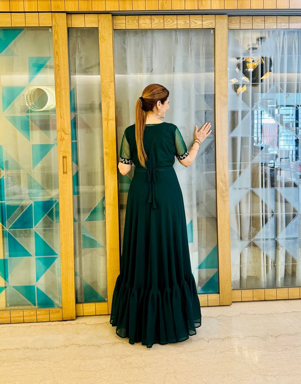 Embroidered Faux Georgette Gown with Ruffle Flair & Matching Koti (Green)