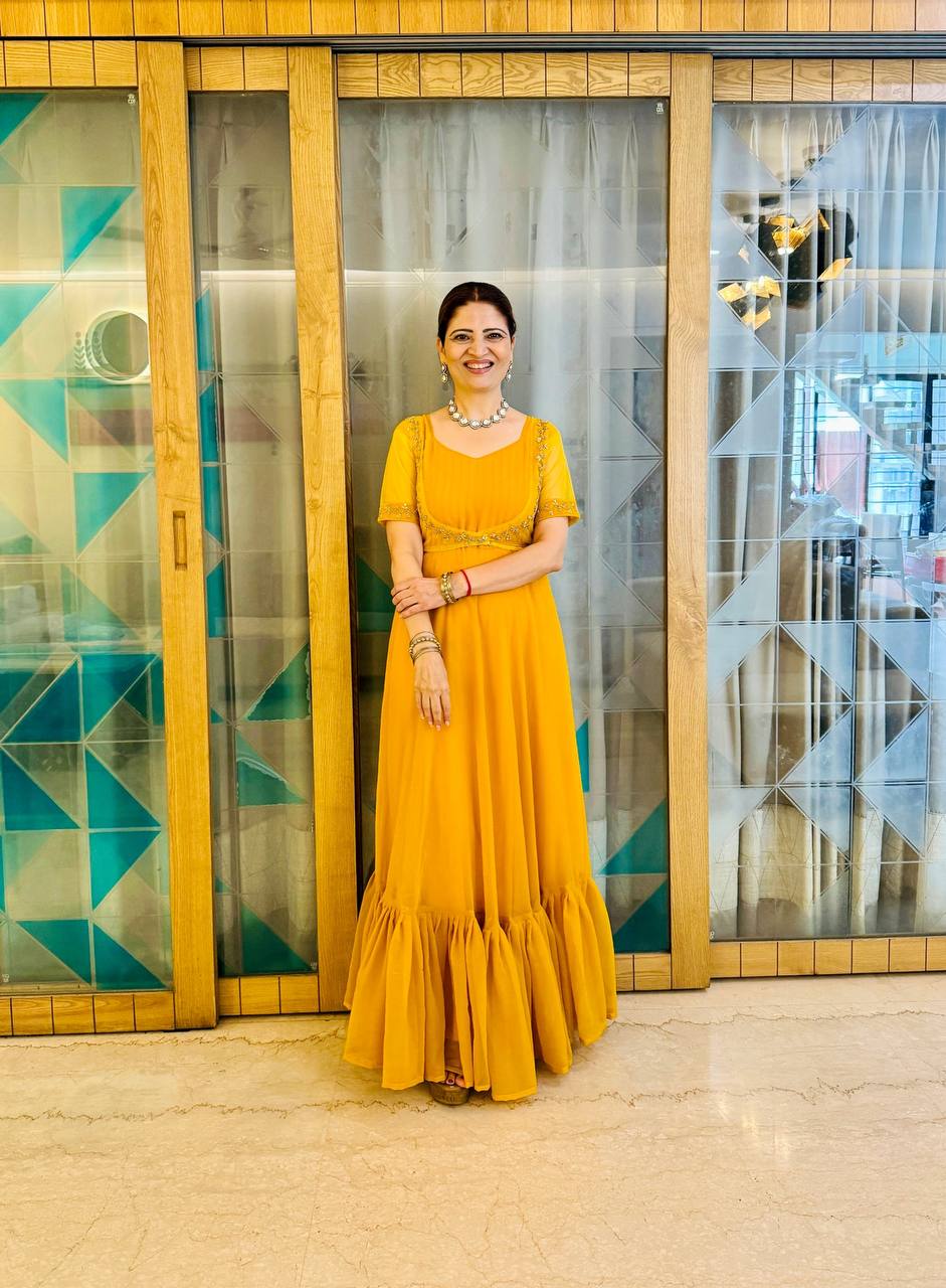 Embroidered Faux Georgette Gown with Ruffle Flair & Matching Koti (Yellow)