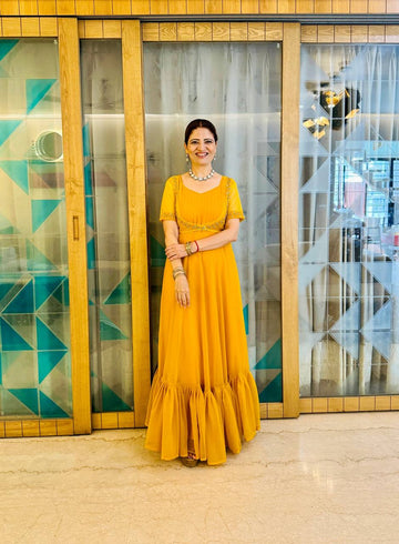 Embroidered Faux Georgette Gown with Ruffle Flair & Matching Koti (Yellow)