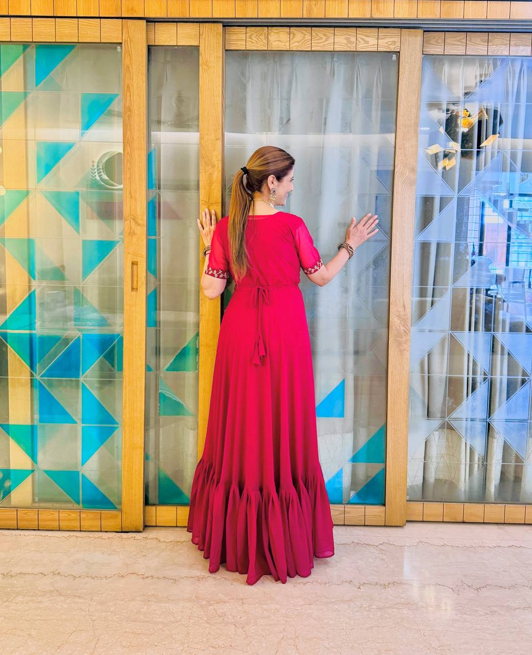 Embroidered Faux Georgette Gown with Ruffle Flair & Matching Koti (Red)