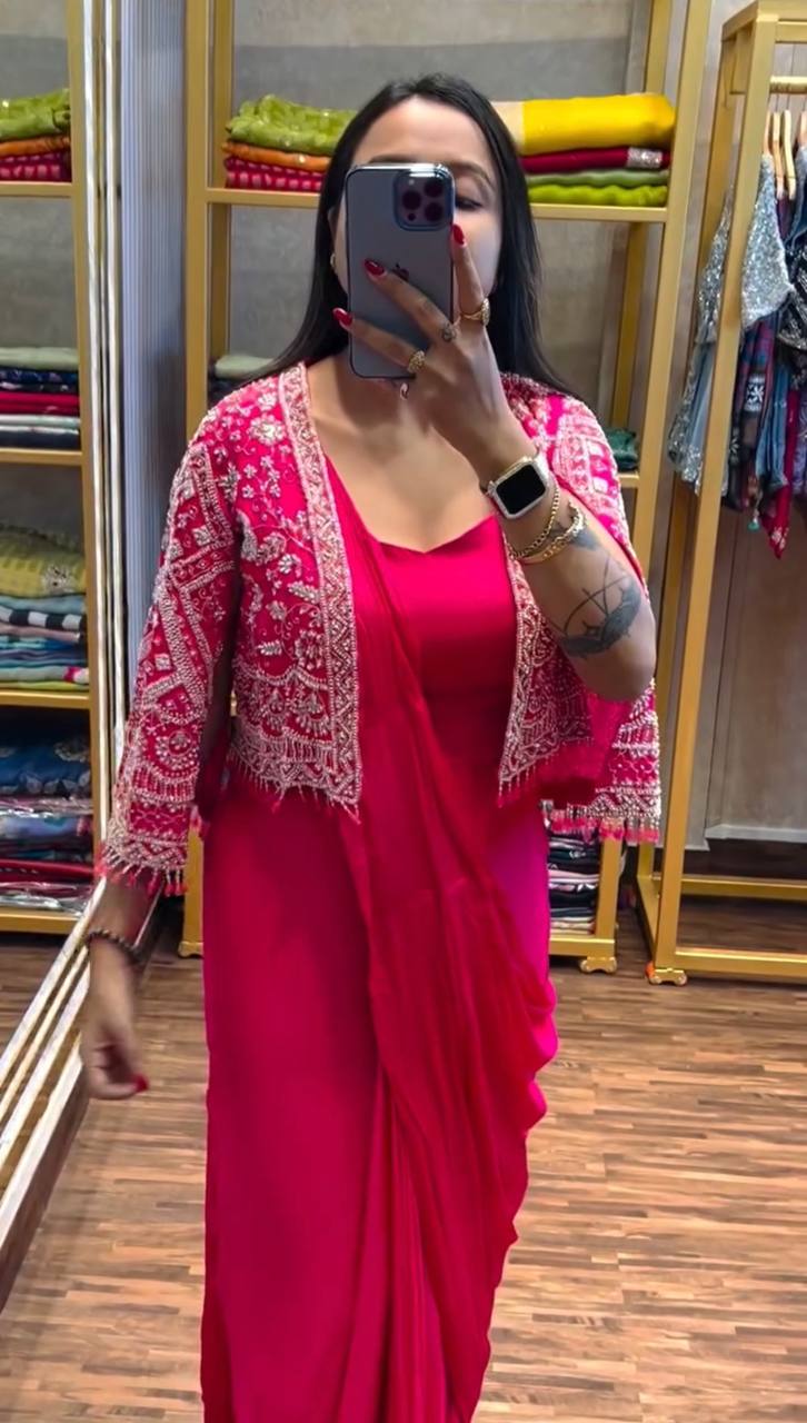 Elegant Chinon Saree Set with Embroidered Koti and Full Stitch Blouse (Pink)