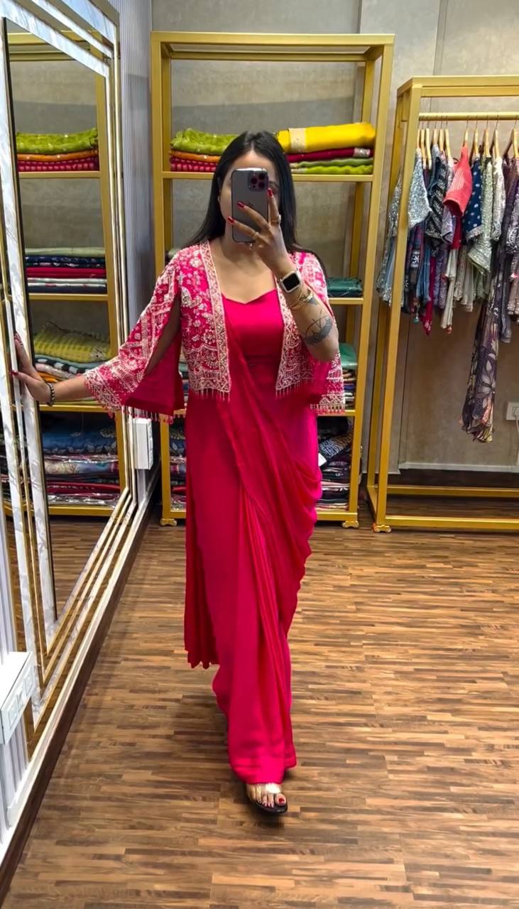 Elegant Chinon Saree Set with Embroidered Koti and Full Stitch Blouse (Pink)