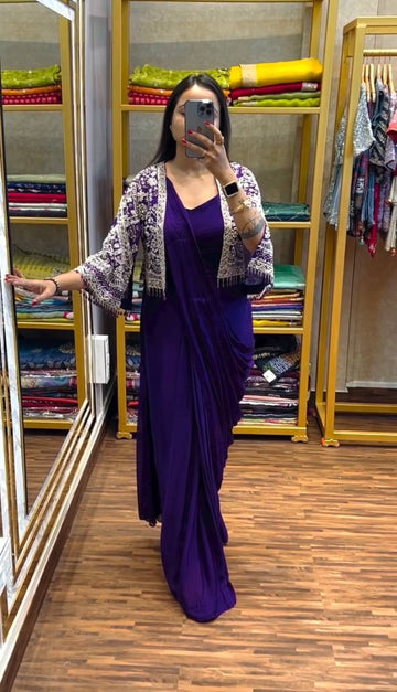 Elegant Chinon Saree Set with Embroidered Koti and Full Stitch Blouse (Blue)