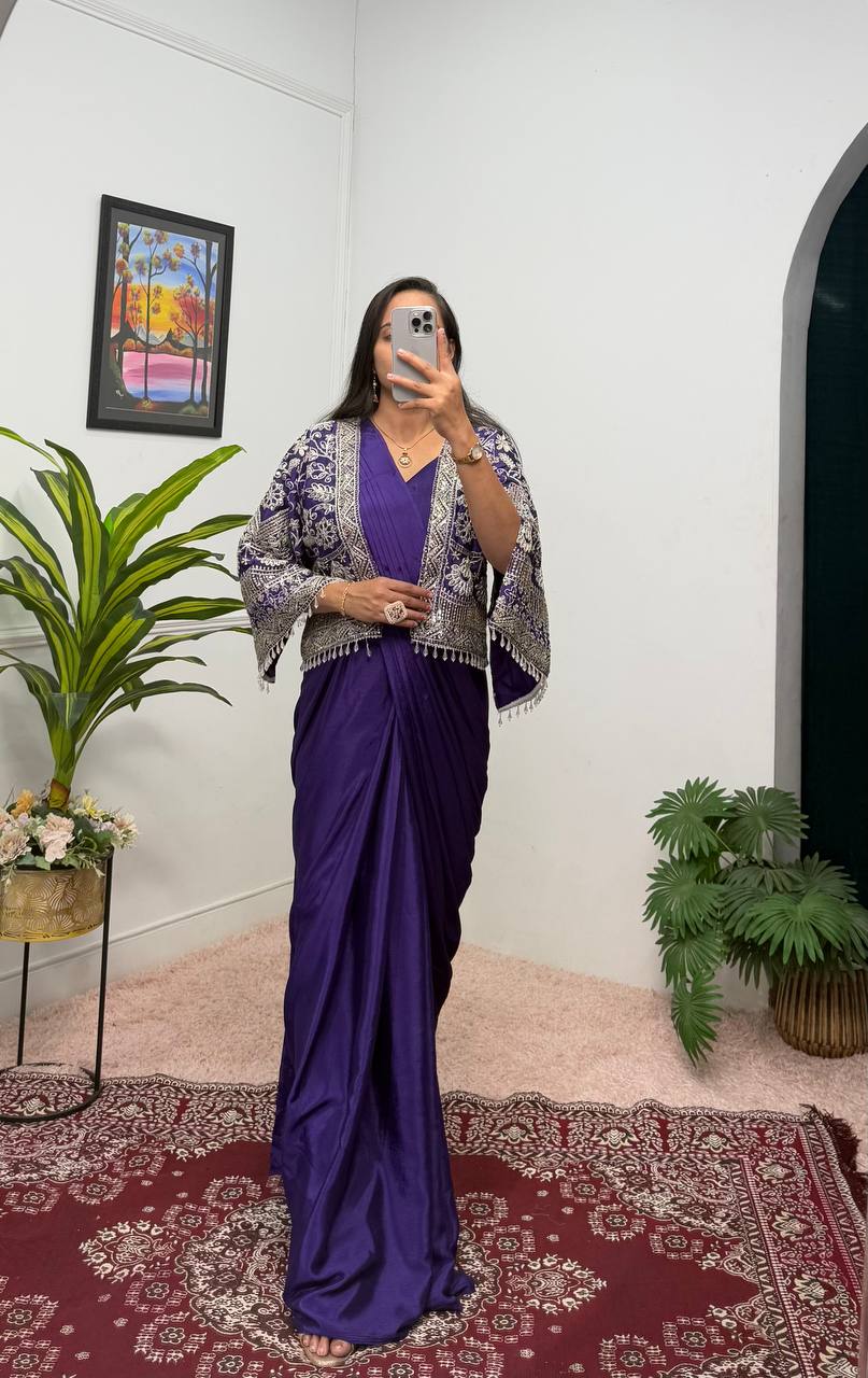 Elegant Chinon Saree Set with Embroidered Koti and Full Stitch Blouse (Blue)