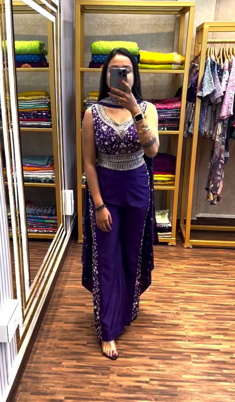 Embroidered Chinon Palazzo Set with Blouse & Dupatta