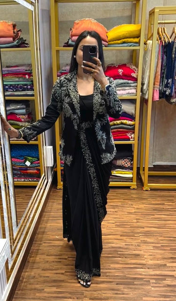 Chinon Silk Saree with Heavy Embroidery & Fully Stitched Koti (Black)