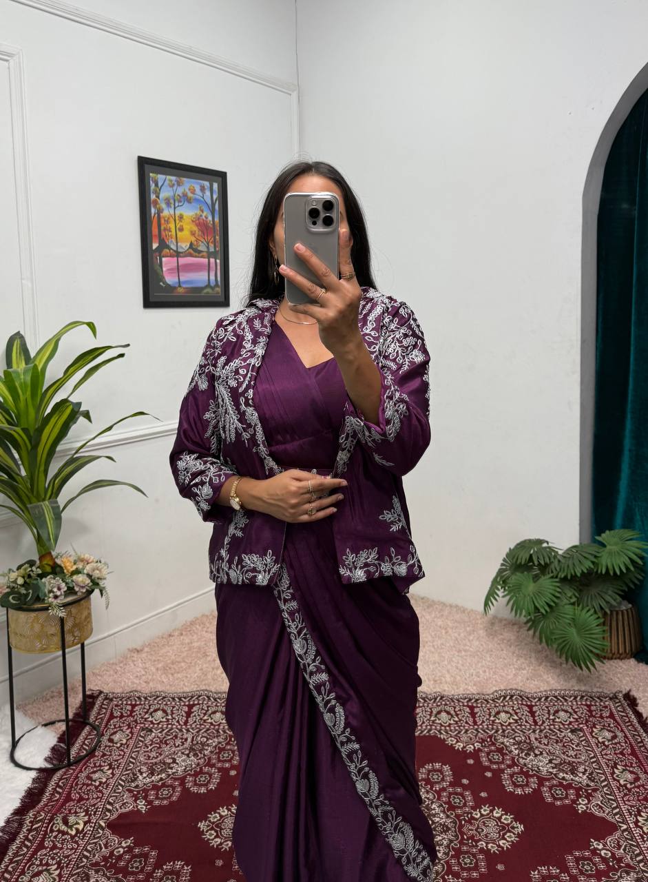 Chinon Silk Saree with Heavy Embroidery & Fully Stitched Koti (Purple)