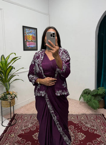 Chinon Silk Saree with Heavy Embroidery & Fully Stitched Koti (Purple)