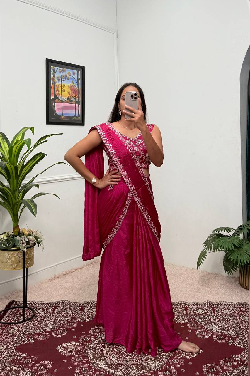 Elegant Chinon Ready-to-Wear Saree with Embroidered Lace & Blouse (Pink)