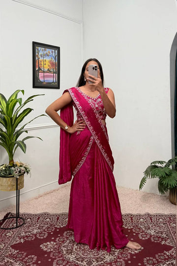 Elegant Chinon Ready-to-Wear Saree with Embroidered Lace & Blouse (Pink)