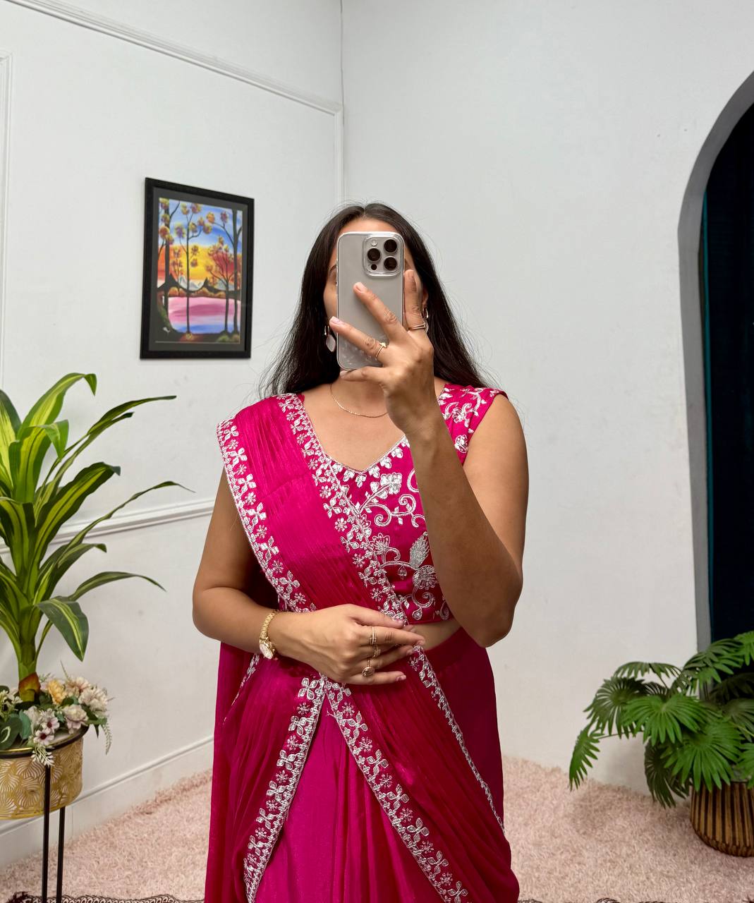 Elegant Chinon Ready-to-Wear Saree with Embroidered Lace & Blouse (Pink)