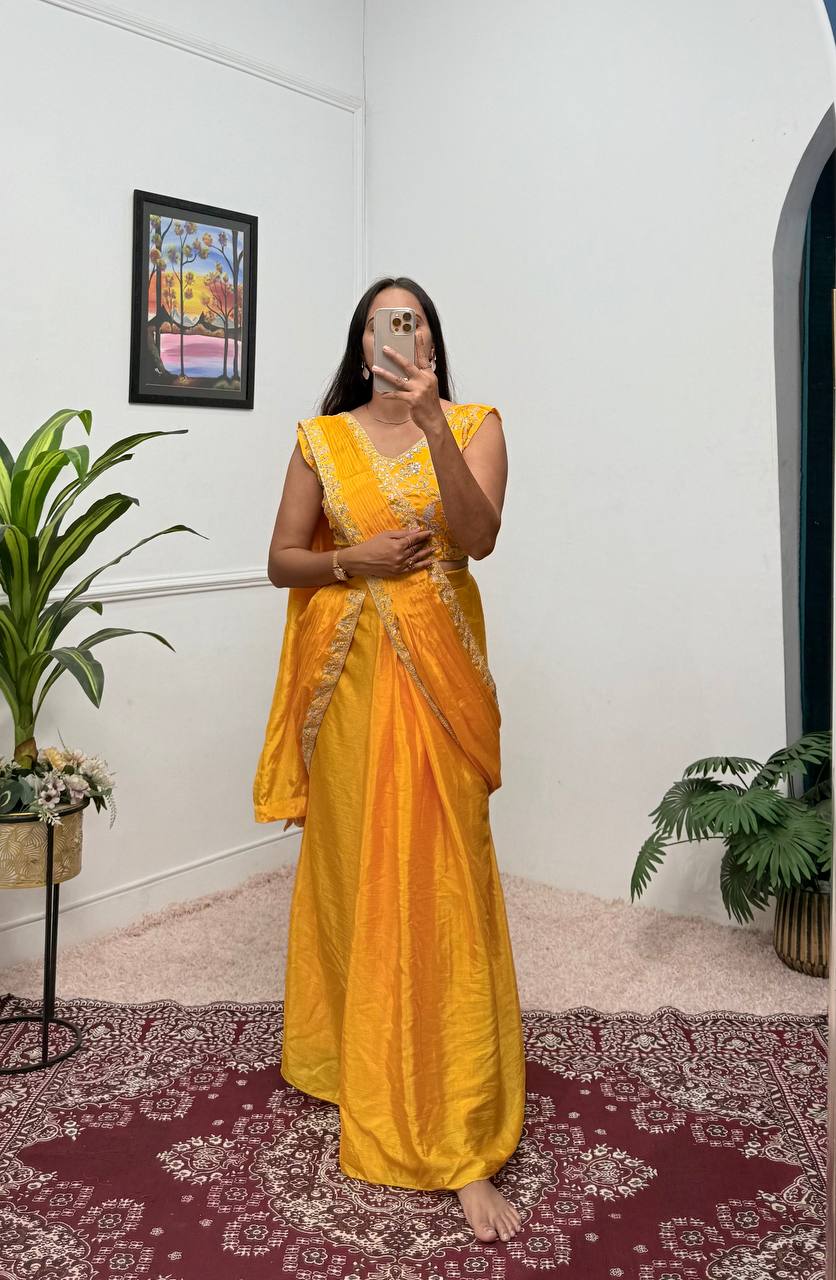 Elegant Chinon Ready-to-Wear Saree with Embroidered Lace & Blouse (Yellow)