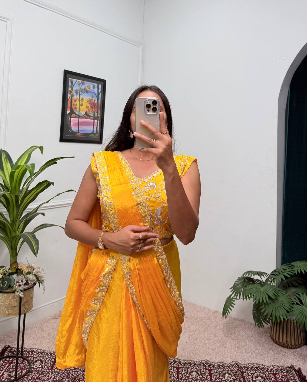 Elegant Chinon Ready-to-Wear Saree with Embroidered Lace & Blouse (Yellow)