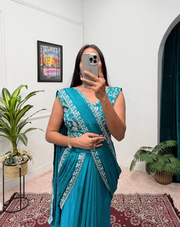 Elegant Chinon Ready-to-Wear Saree with Embroidered Lace & Blouse (Sky Blue)