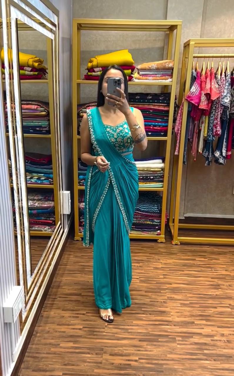 Elegant Chinon Ready-to-Wear Saree with Embroidered Lace & Blouse (Sky Blue)