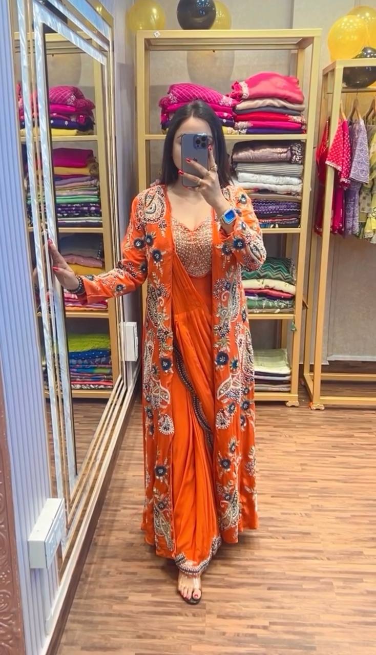Chinon Silk Ready-to-Wear Saree with Heavy Embroidery Blouse & Koti (Orange)