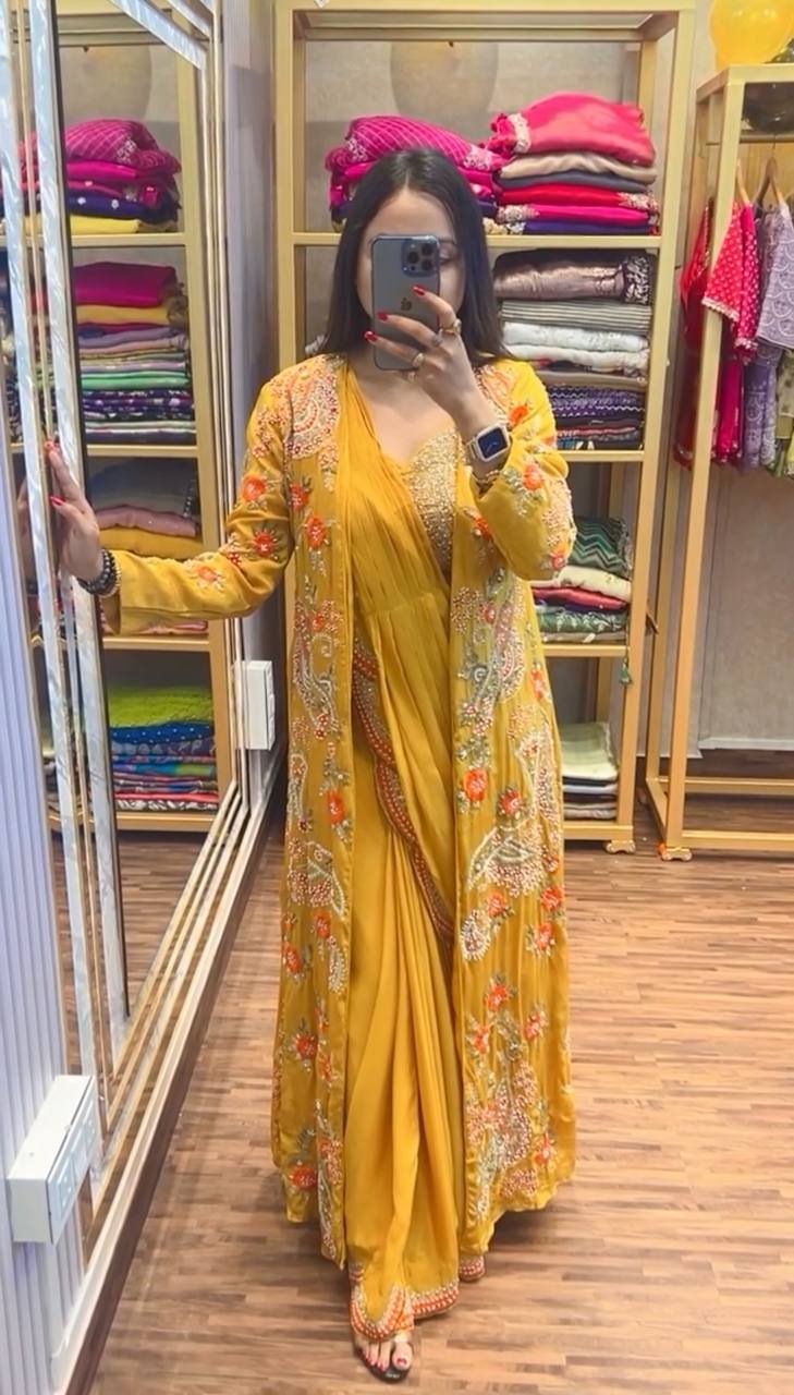Chinon Silk Ready-to-Wear Saree with Heavy Embroidery Blouse & Koti (Yellow)