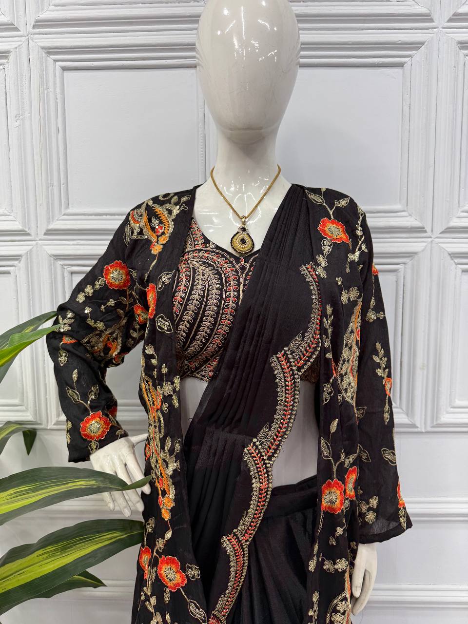 Chinon Silk Ready-to-Wear Saree with Heavy Embroidery Blouse & Koti (Black)