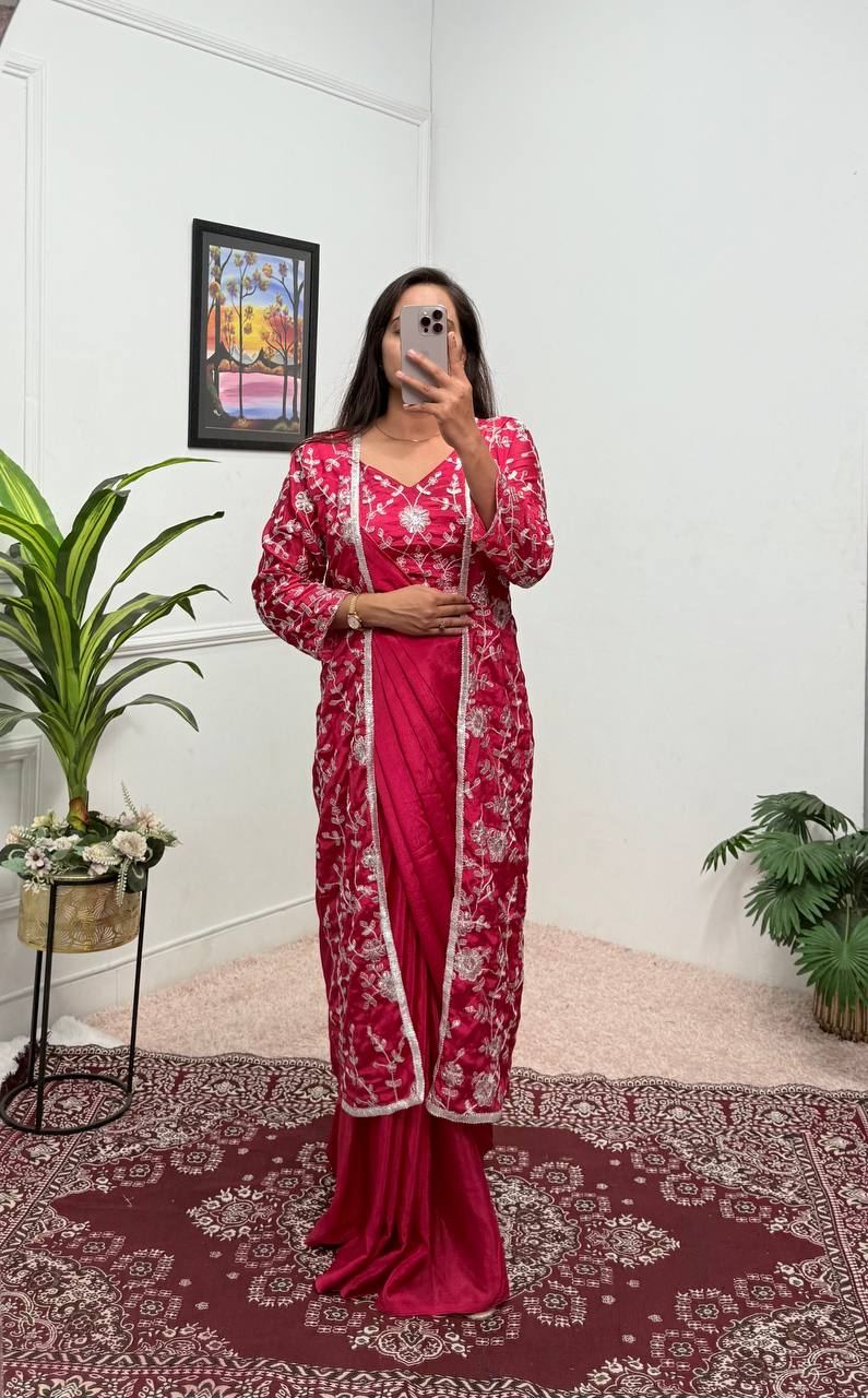 Traditional Chinon Silk Saree with Heavy Embroidery Blouse & Koti (Red)