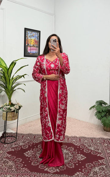 Traditional Chinon Silk Saree with Heavy Embroidery Blouse & Koti (Red)
