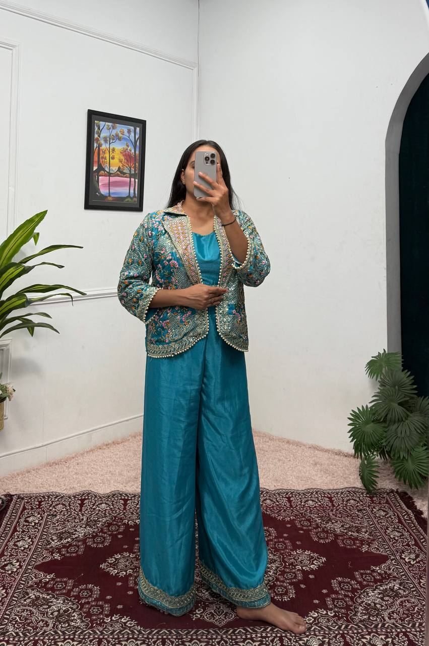Elegant Chinon Embroidery Ensemble with Moti Lace and Plazzo (Sky Blue)