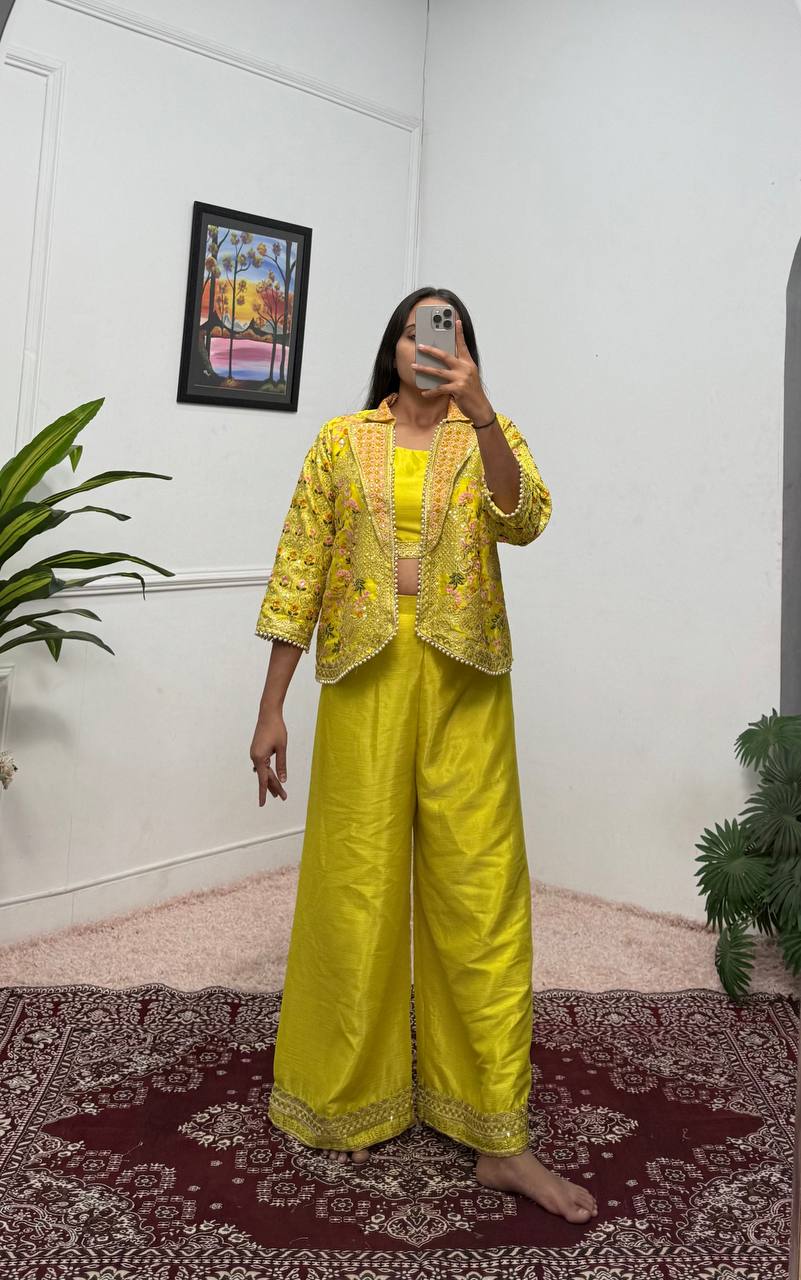 Elegant Chinon Embroidery Ensemble with Moti Lace and Plazzo (Yellow)
