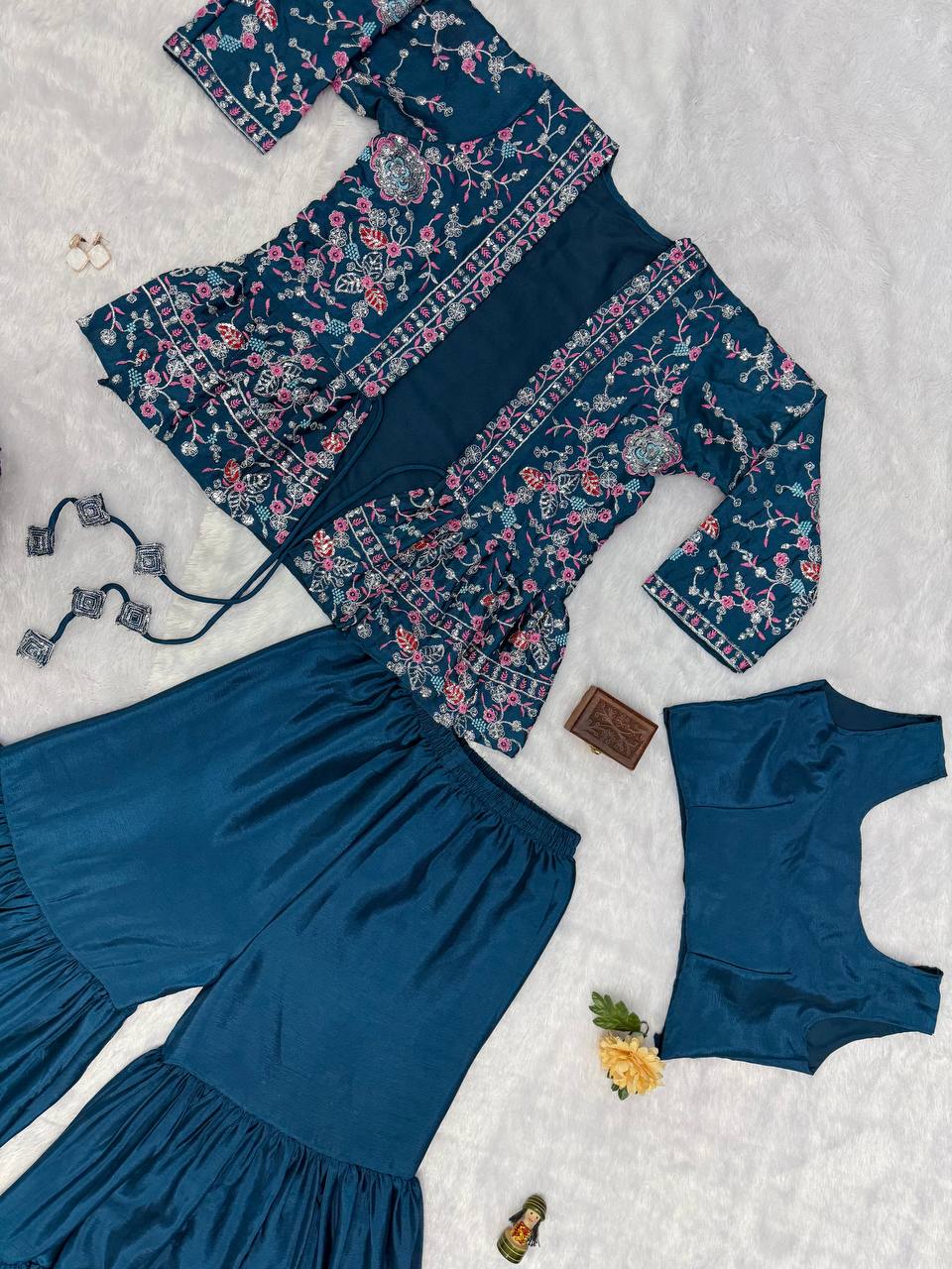 Chinon Koti & Plazzo Set with Embroidery Work and Plain Blouse ( Sky Blue)